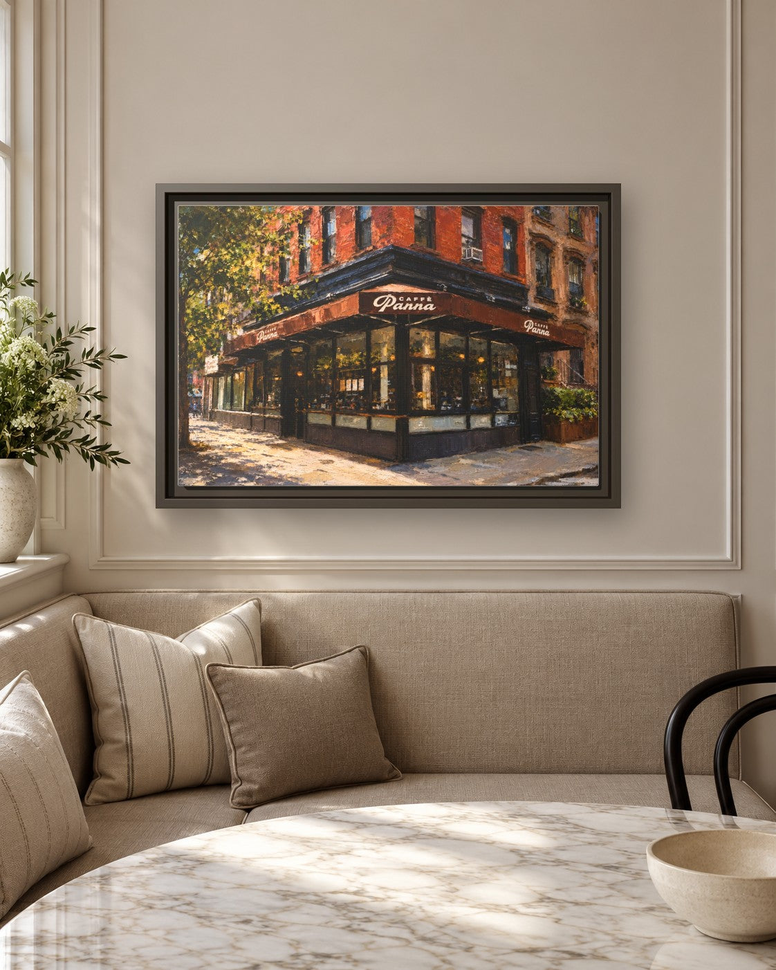 Caffe Panna framed canvas print in a breakfast nook