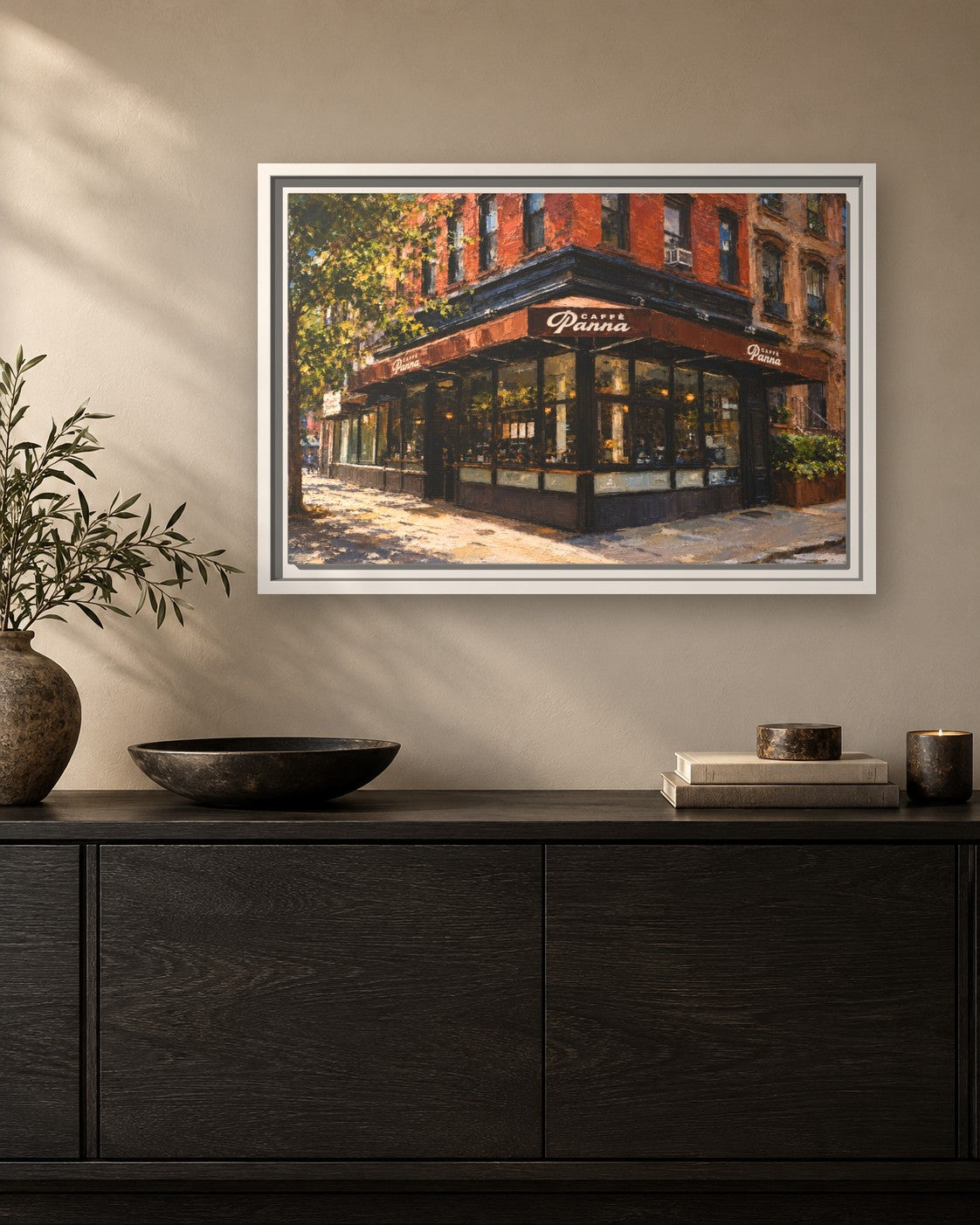 Caffe Panna framed canvas print hanging above a sideboard