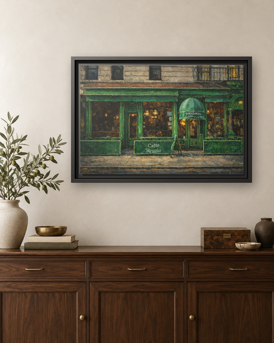 Caffe Reggio framed canvas print hanging above a credenza