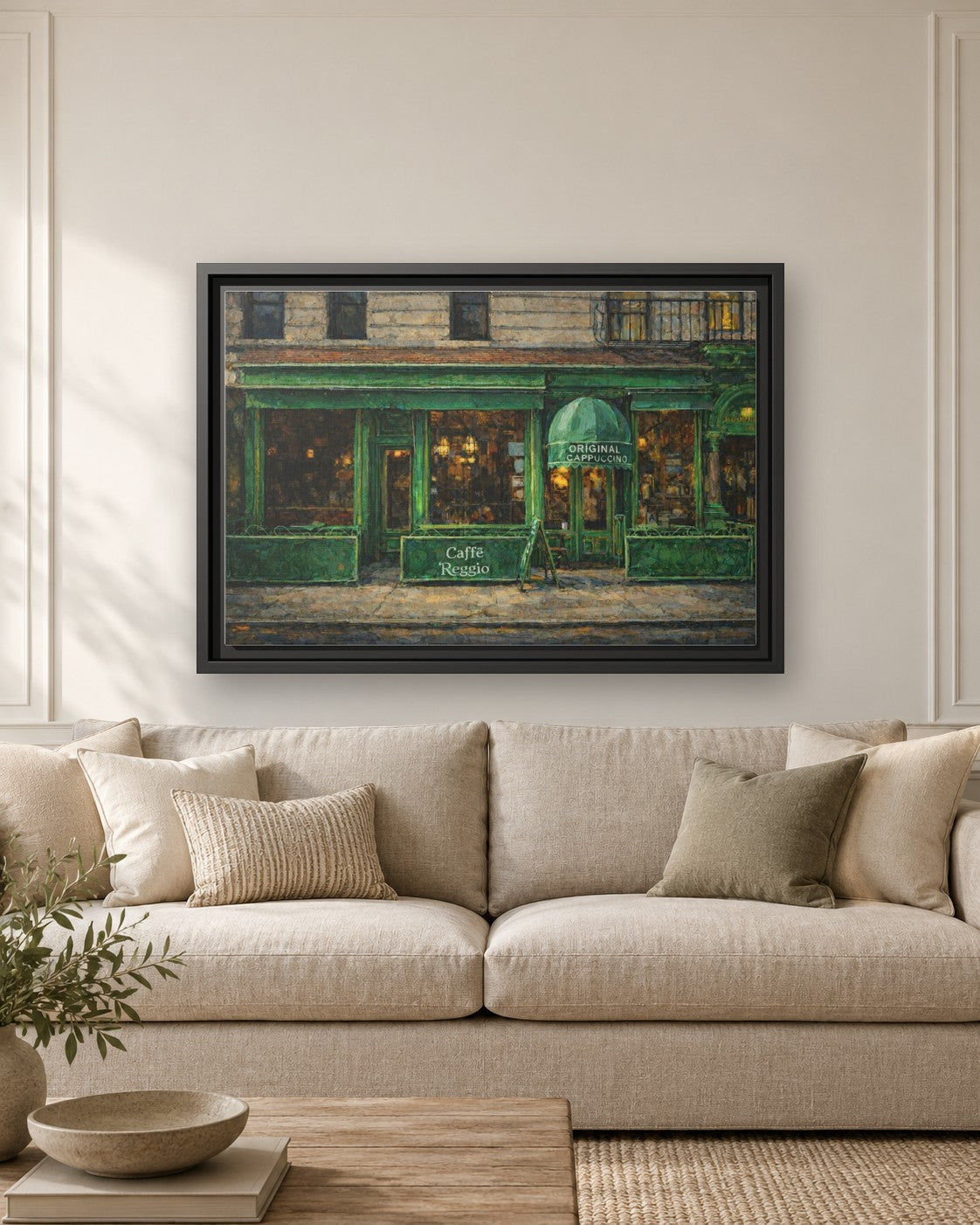 Caffe Reggio framed canvas print hanging above a sofa