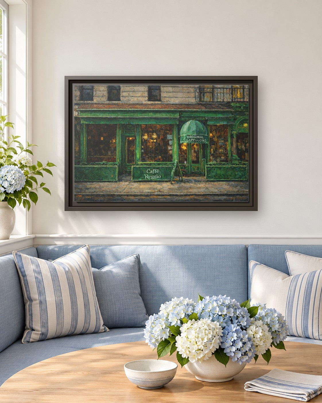 Caffe Reggio framed canvas print in a breakfast nook