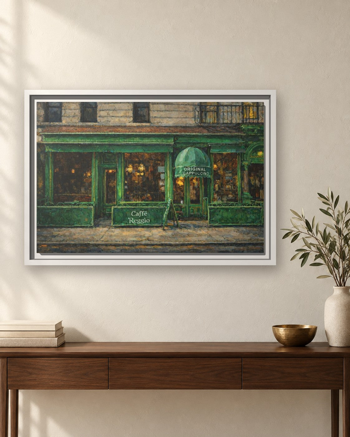 Caffe Reggio framed canvas print hanging above a sideboard