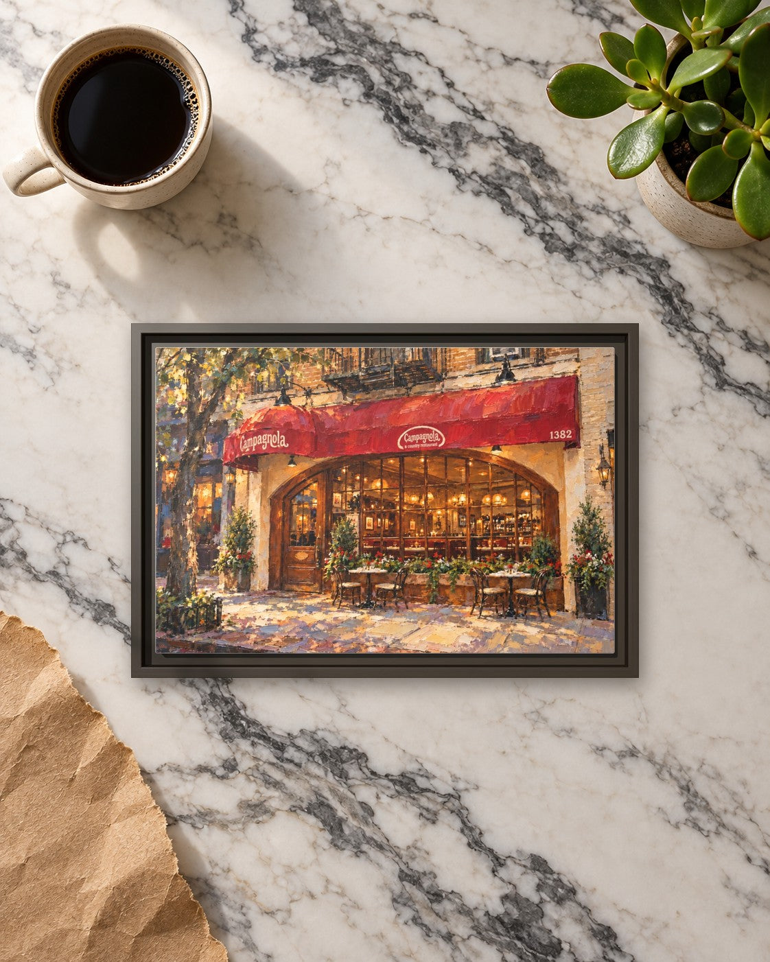 Campagnola framed canvas print lying on a table