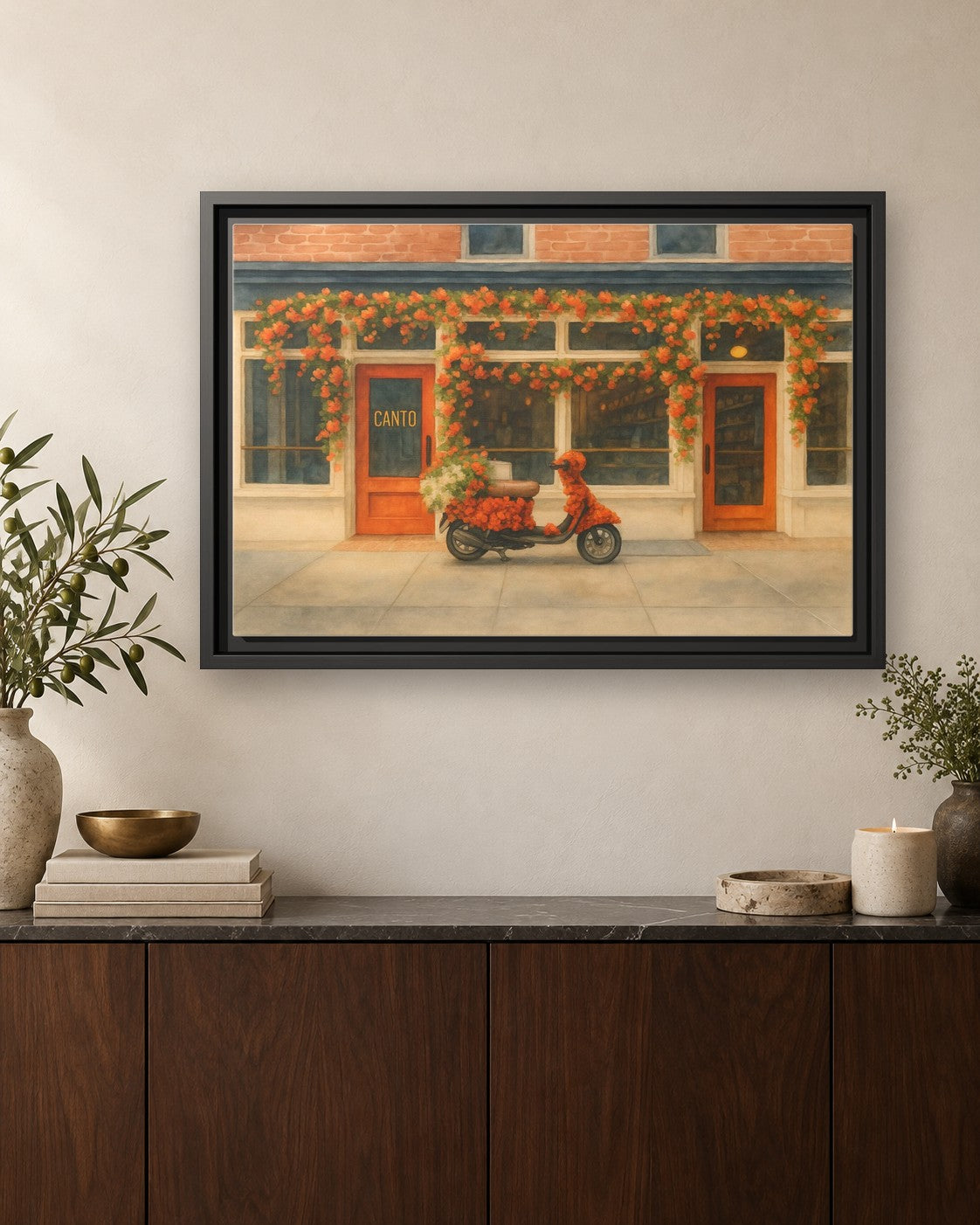 Canto West Village framed canvas print hanging above a credenza