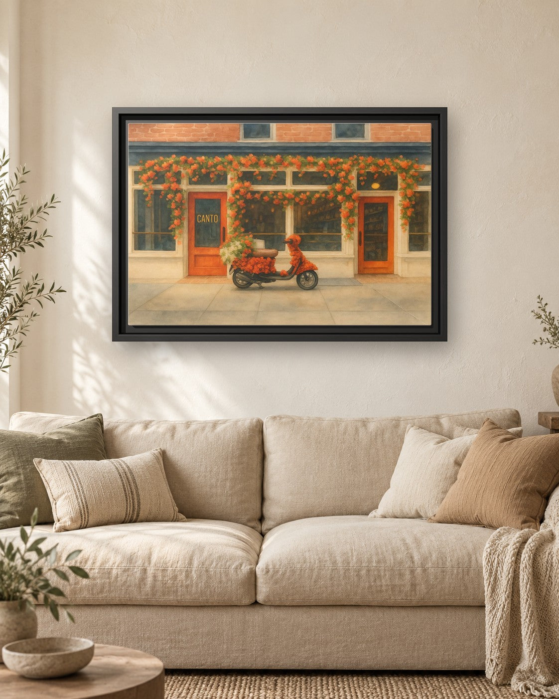 Canto West Village framed canvas print hanging above a sofa