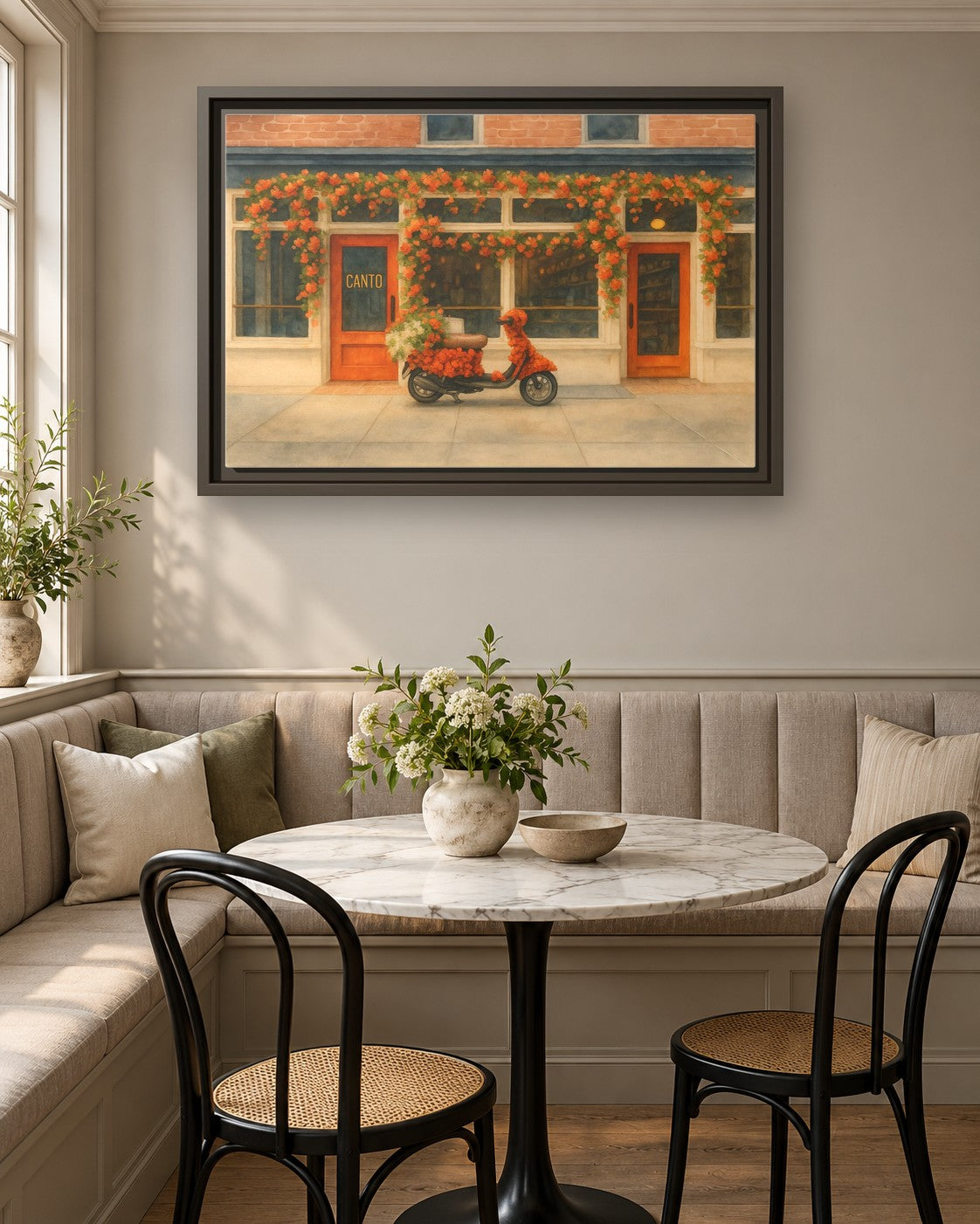 Canto West Village framed canvas print in a breakfast nook