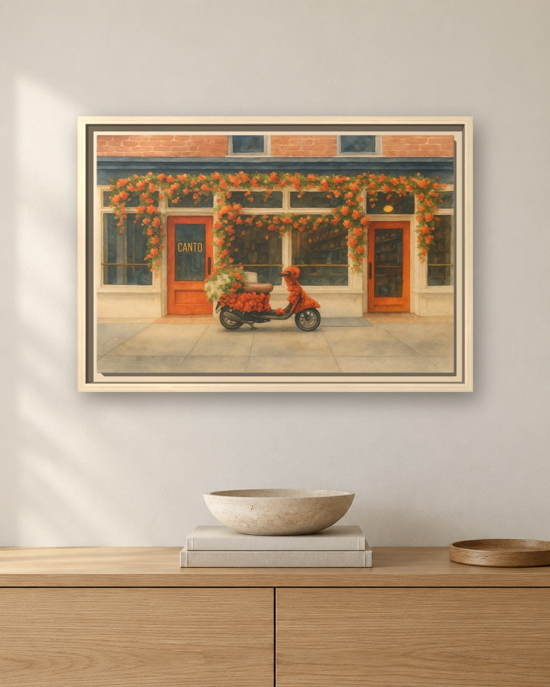 Canto West Village framed canvas print hanging above a sideboard