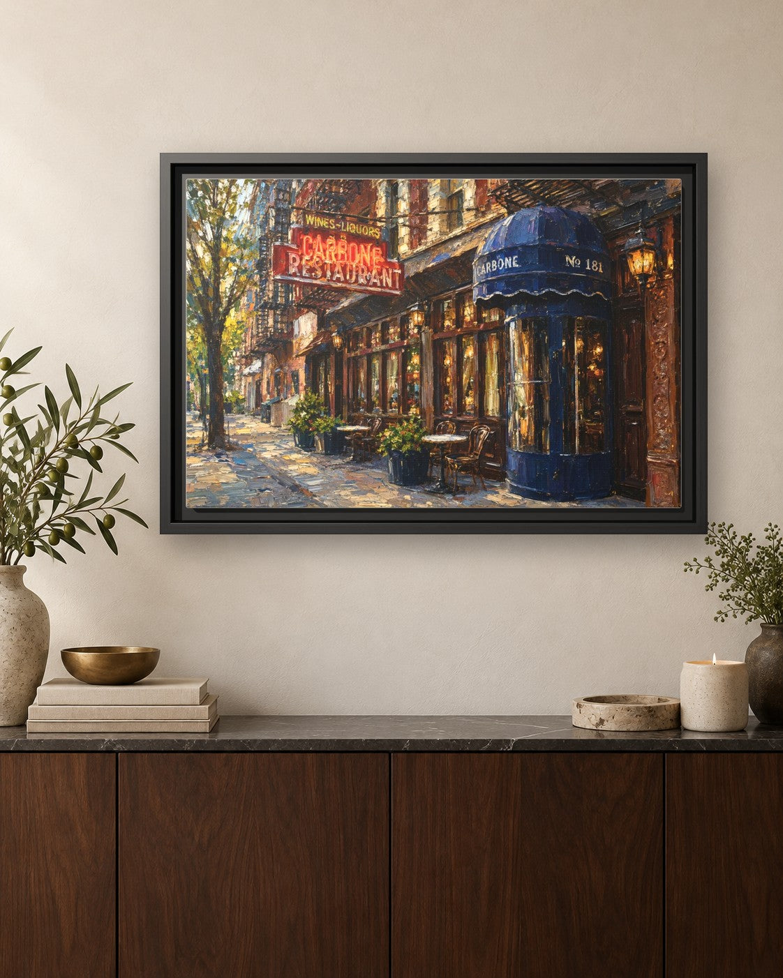 Carbone framed canvas print hanging above a credenza