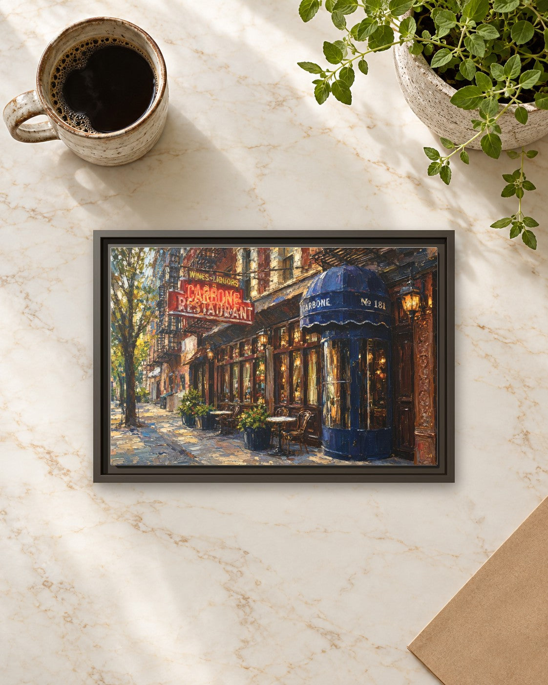 Carbone framed canvas print lying on a table