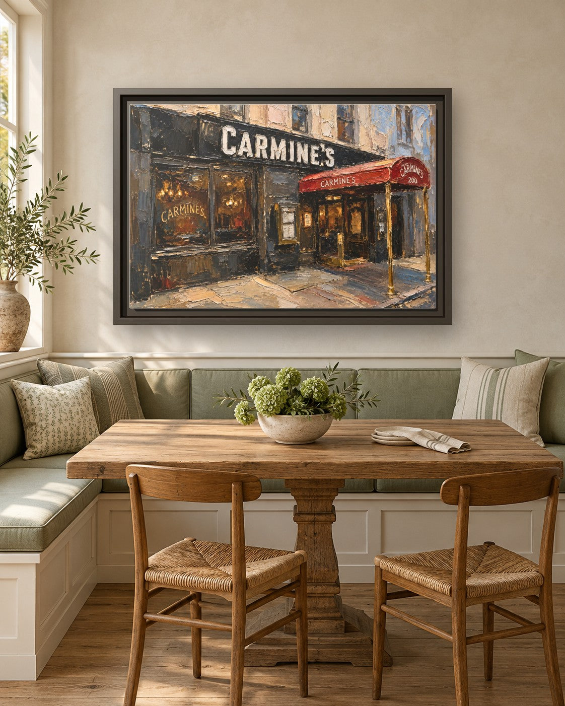 Carmine's framed canvas print in a breakfast nook