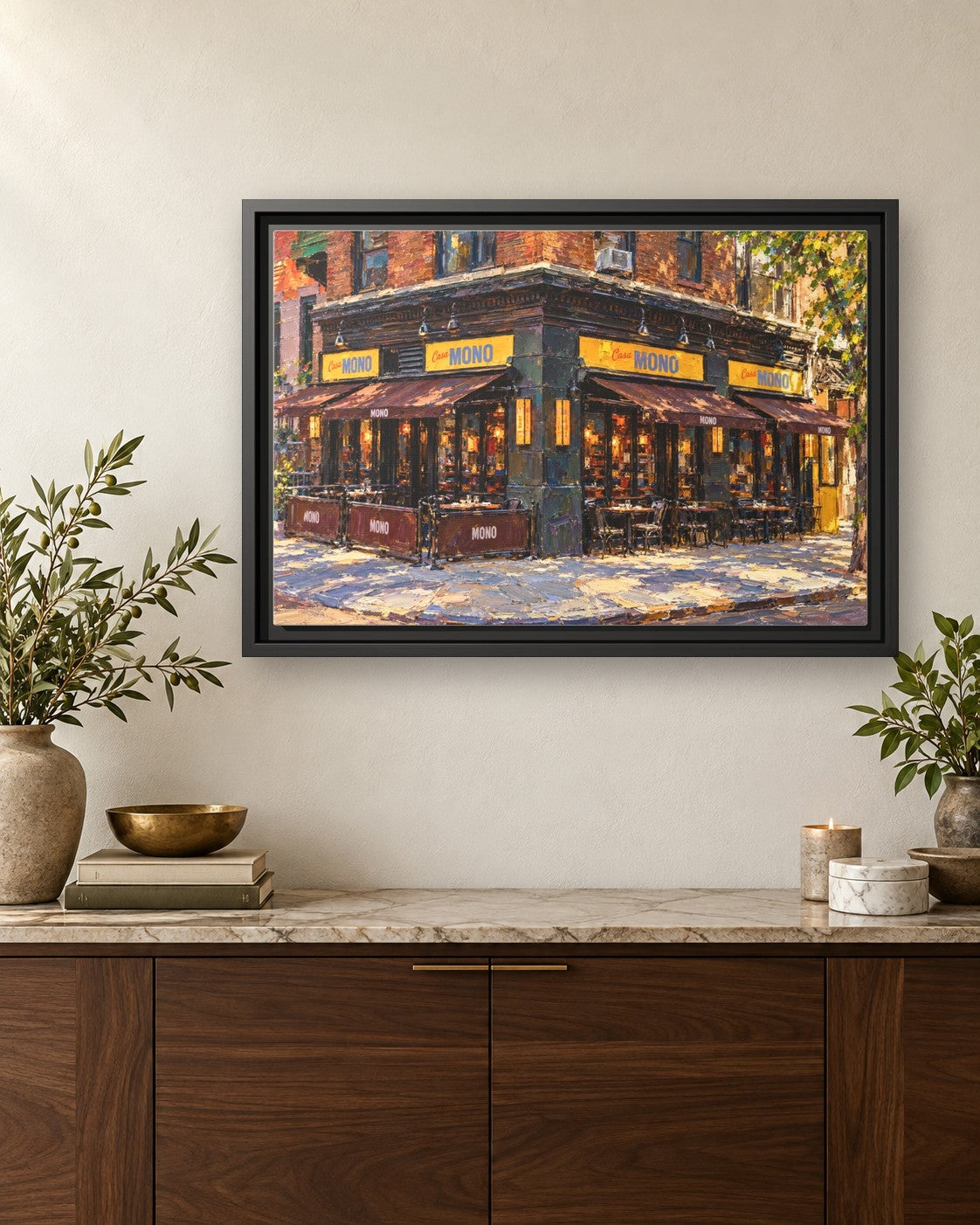 Casa Mono framed canvas print hanging above a credenza