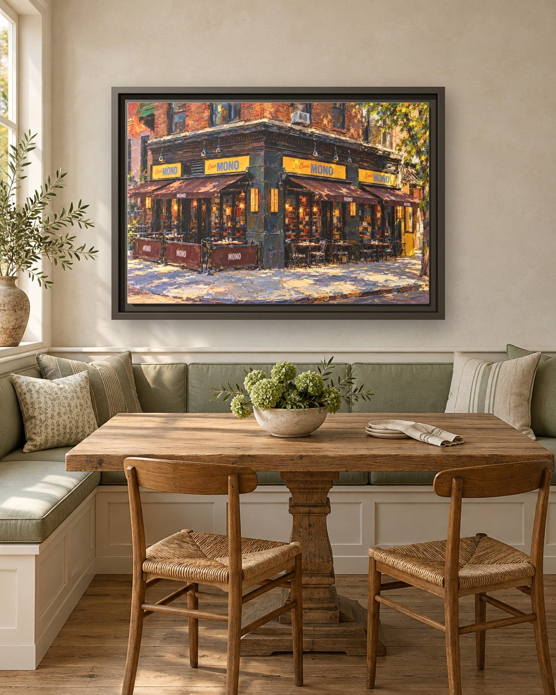 Casa Mono framed canvas print in a breakfast nook