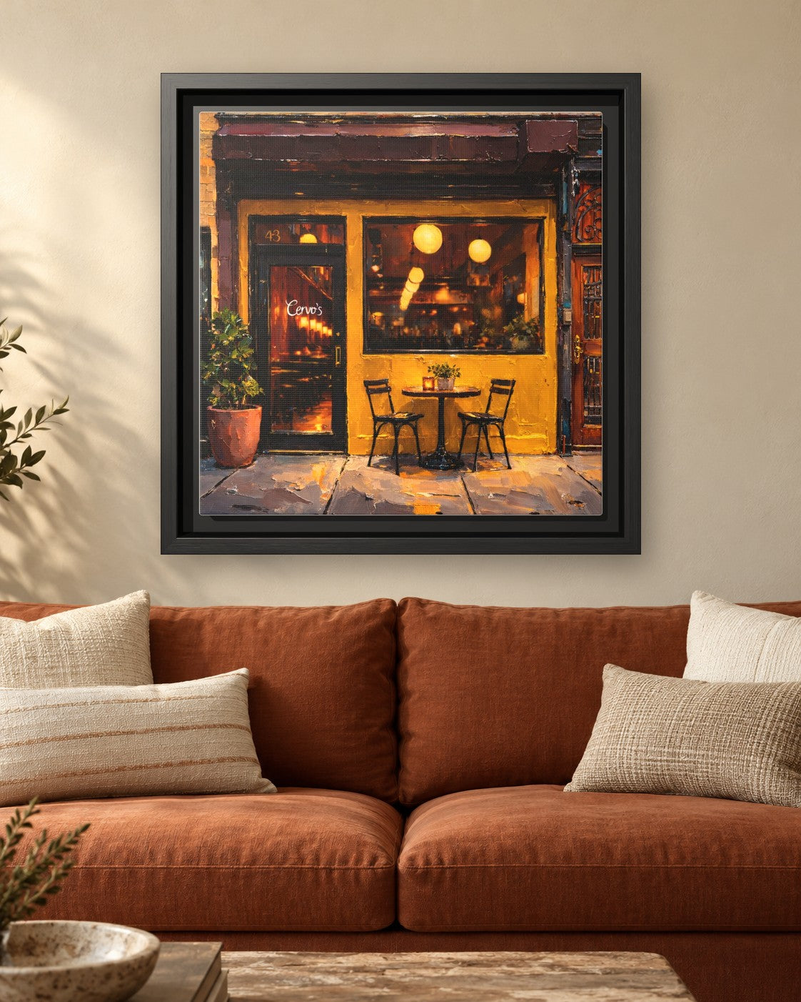 Cervo's framed canvas print hanging above a sofa