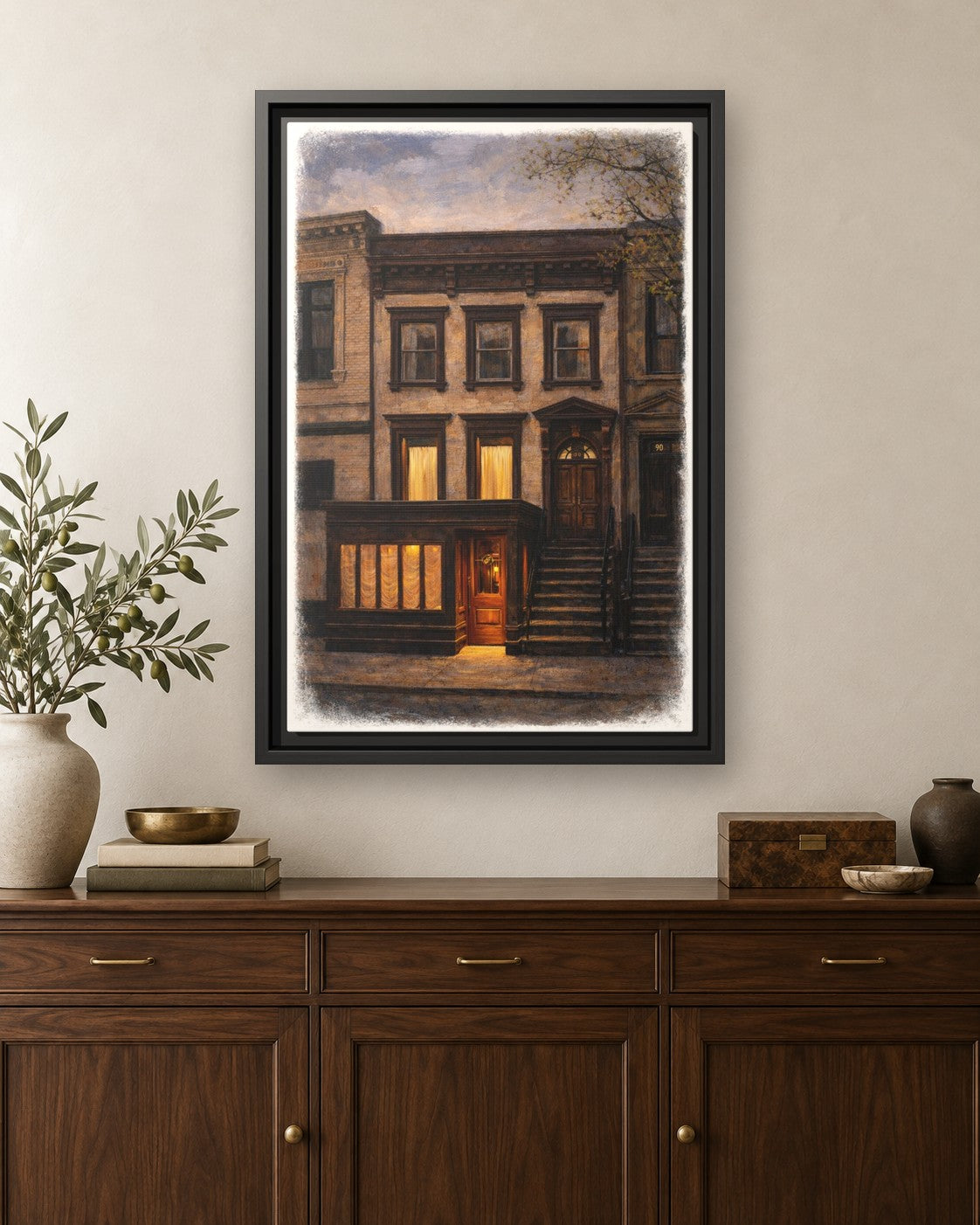Chez Fifi framed canvas print hanging above a credenza