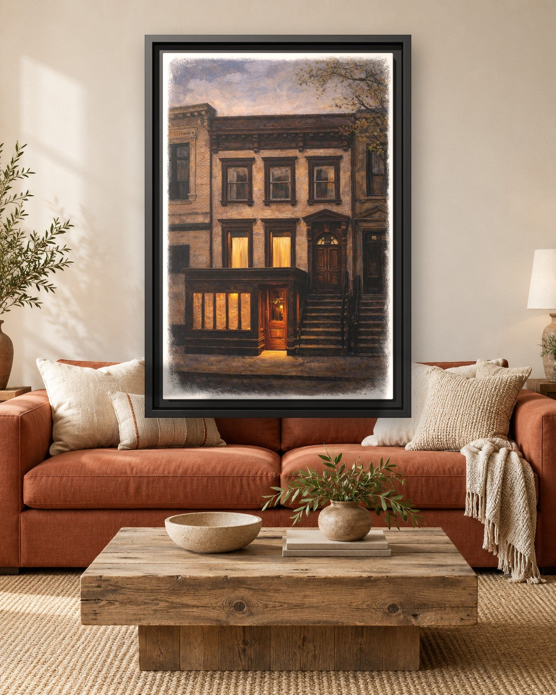 Chez Fifi framed canvas print hanging above a sofa