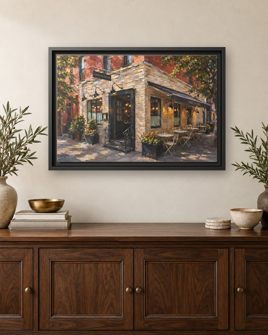 Chez Ma Tante framed canvas print hanging above a credenza