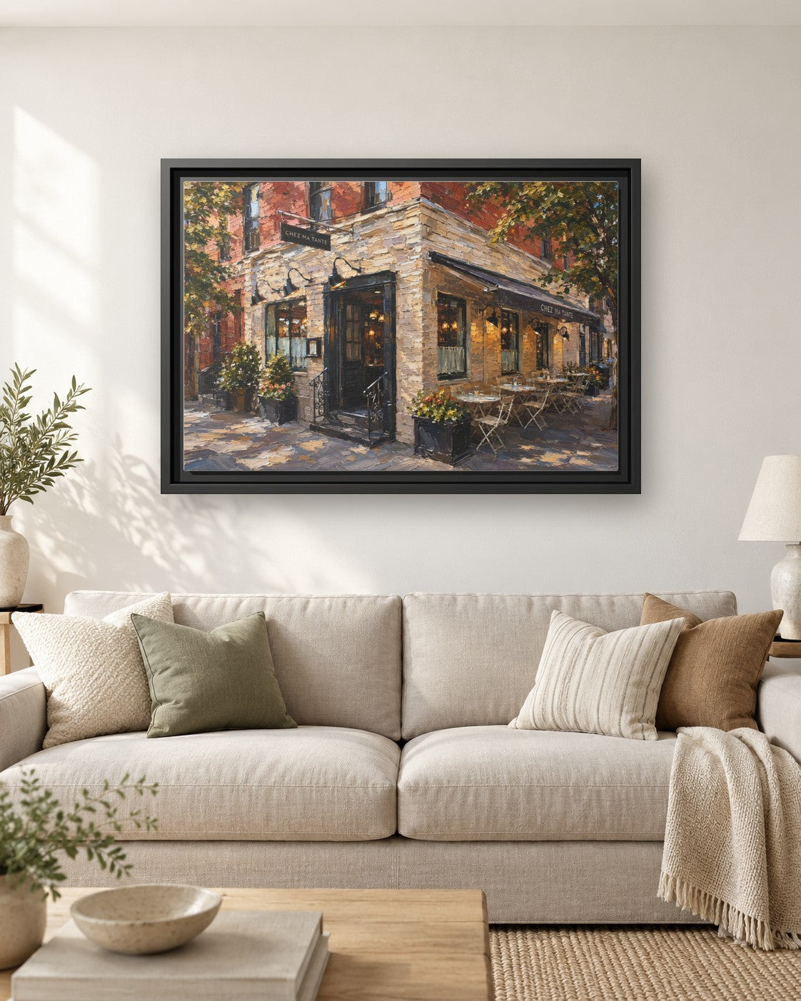 Chez Ma Tante framed canvas print hanging above a sofa