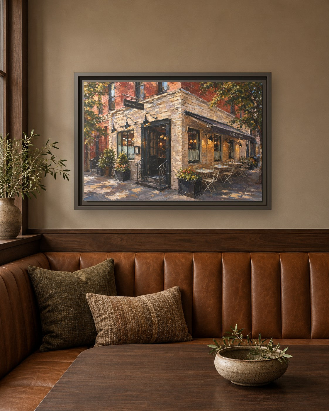 Chez Ma Tante framed canvas print in a breakfast nook