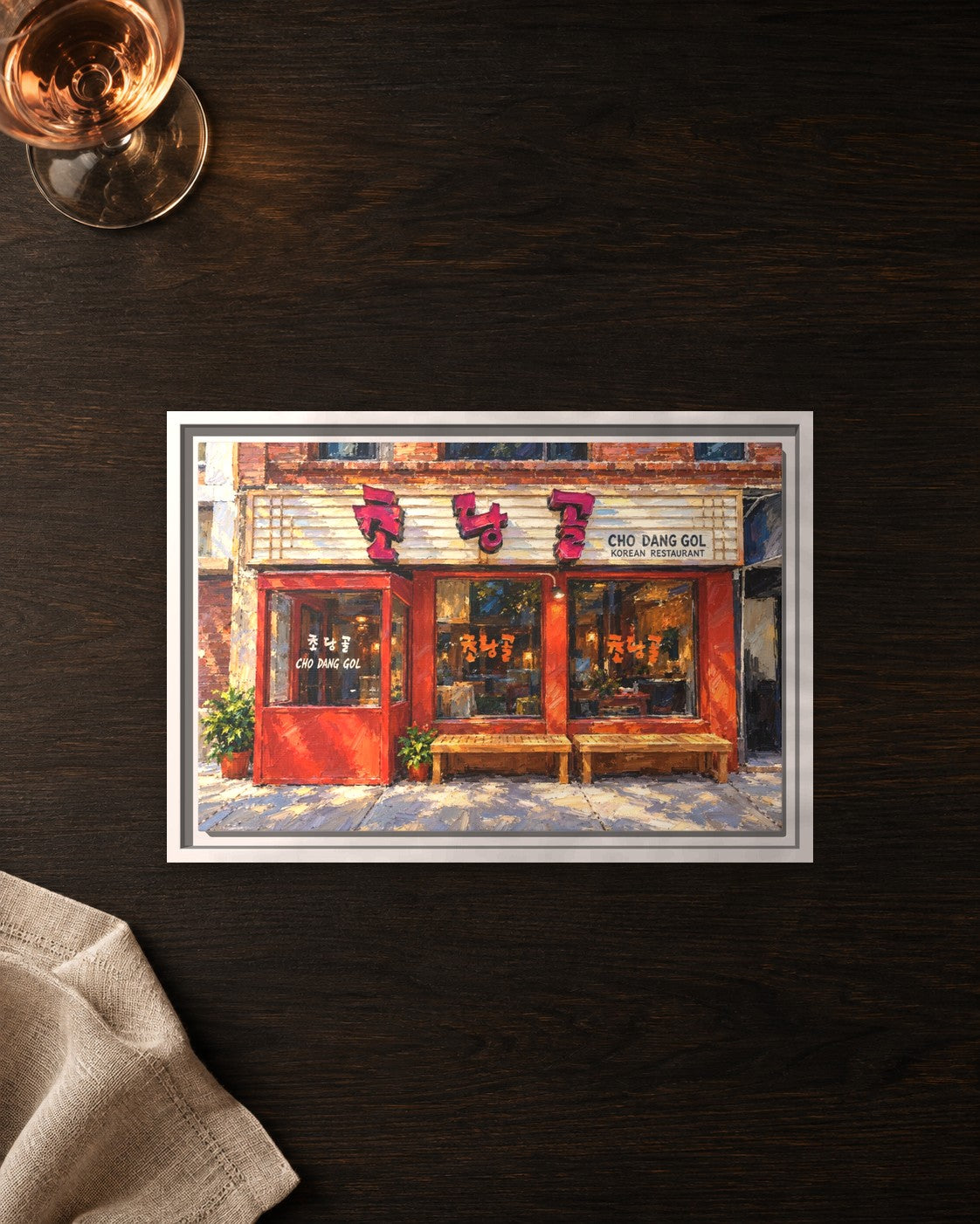 Cho Dang Gol framed canvas print lying on a table