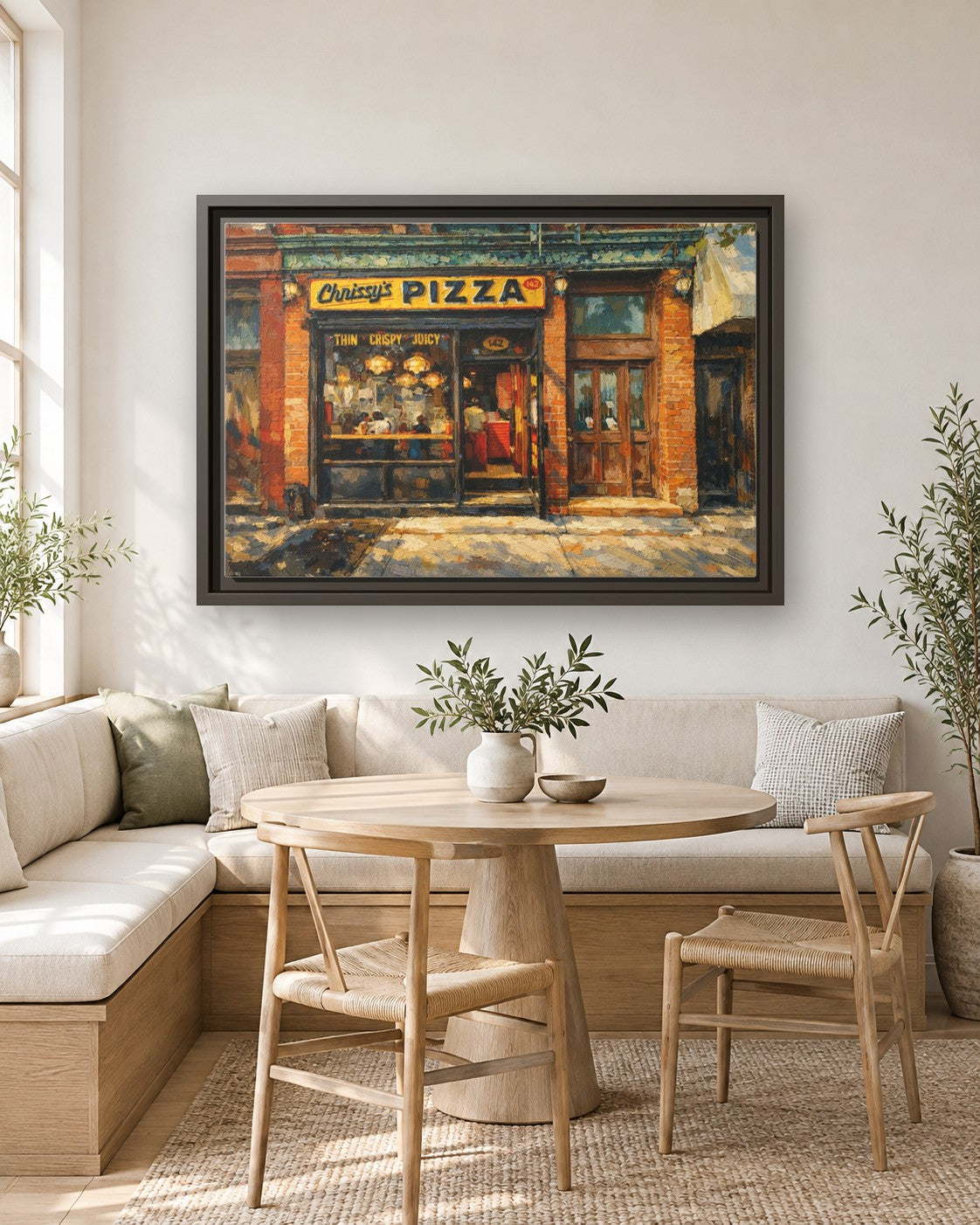 Chrissy's Pizza framed canvas print in a breakfast nook