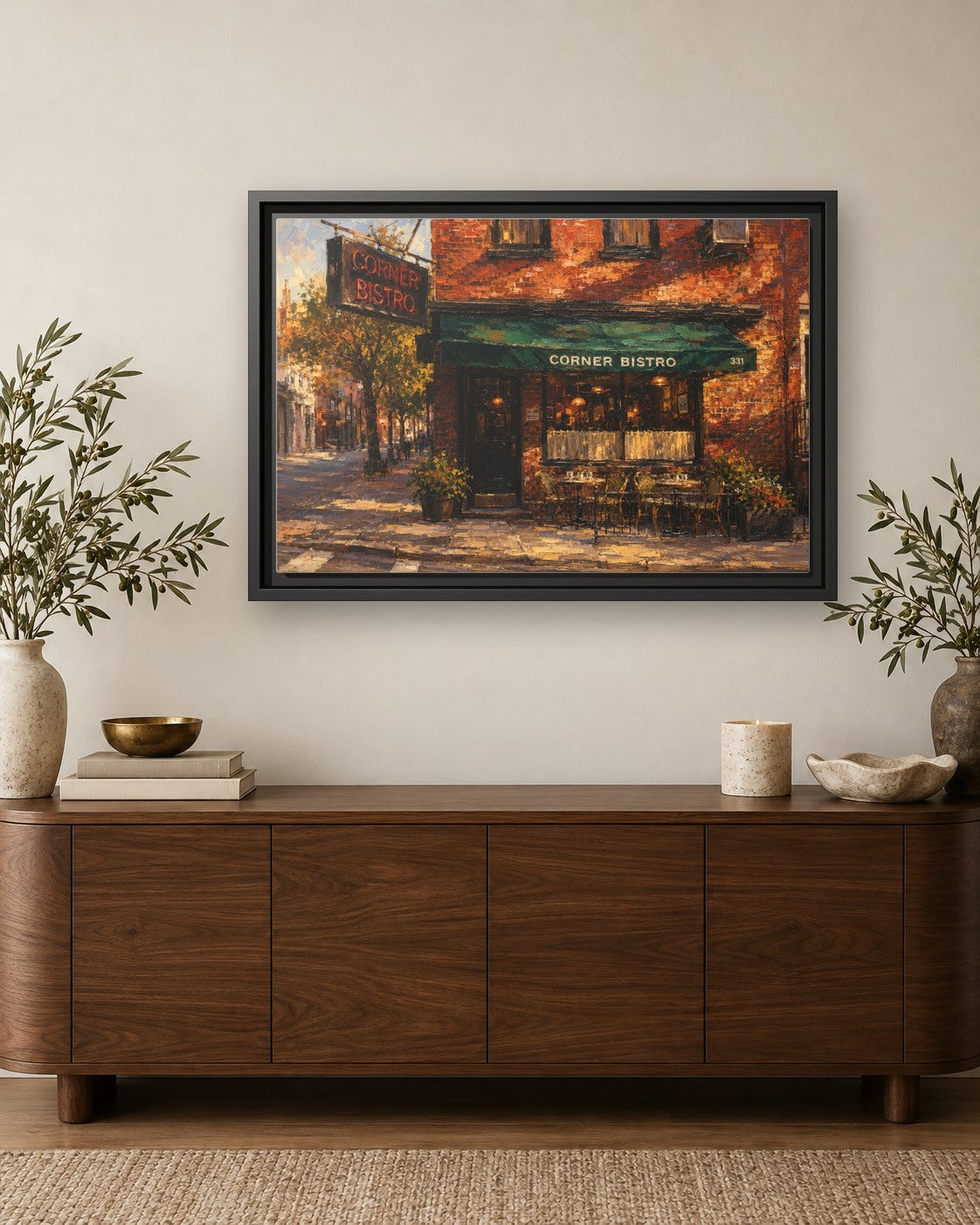 Corner Bistro framed canvas print hanging above a credenza