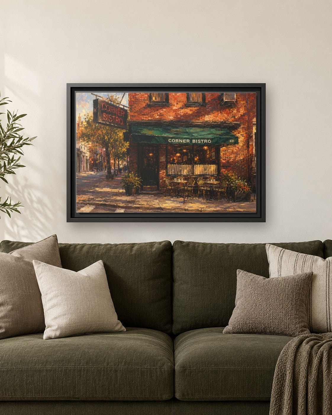 Corner Bistro framed canvas print hanging above a sofa