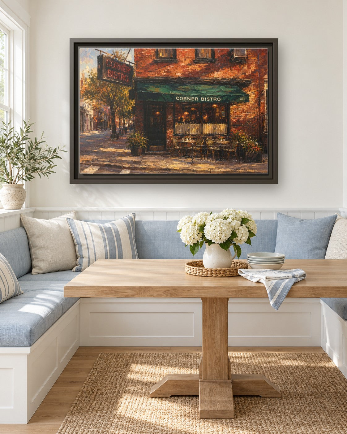 Corner Bistro framed canvas print in a breakfast nook
