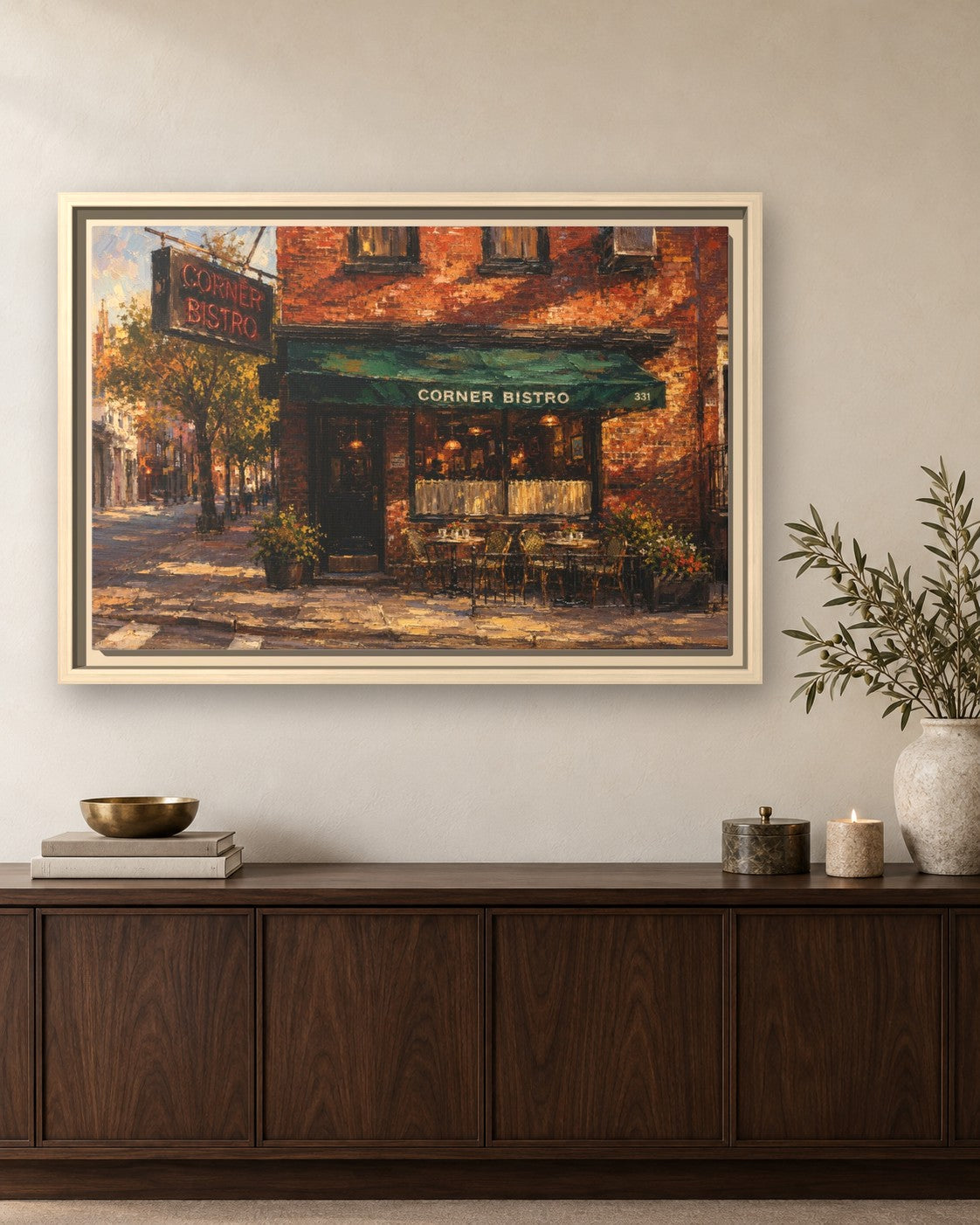 Corner Bistro framed canvas print hanging above a sideboard