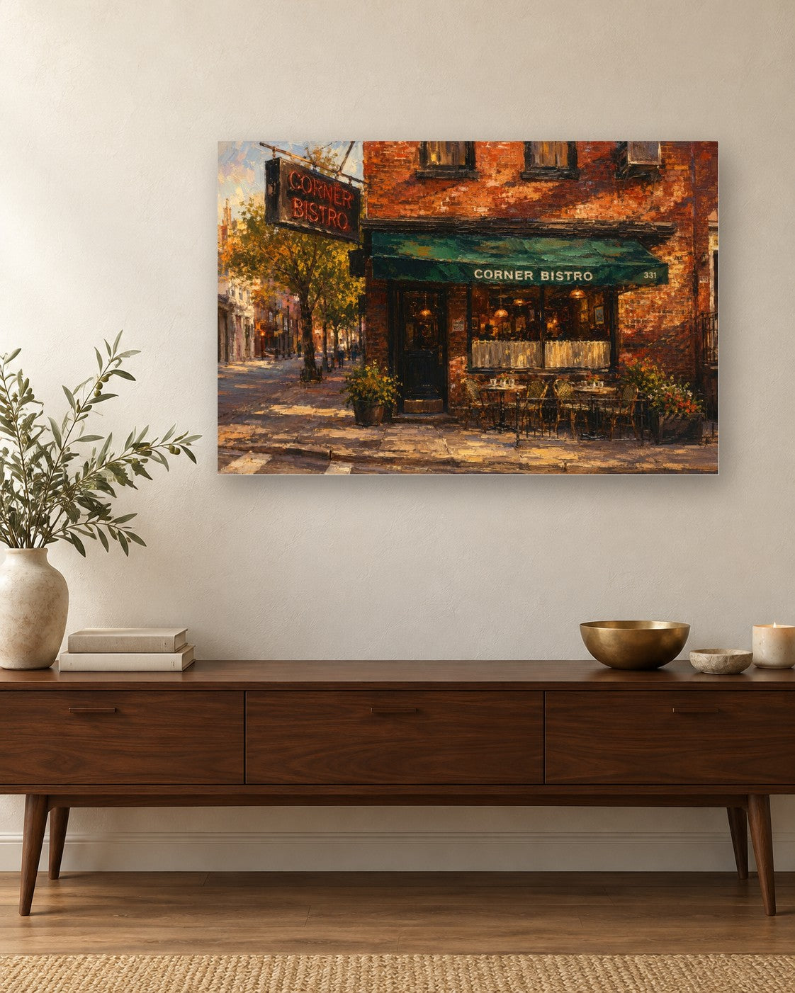 Corner Bistro framed canvas print hanging above a credenza