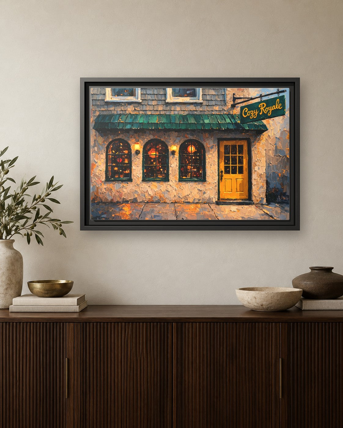 Cozy Royale framed canvas print hanging above a credenza