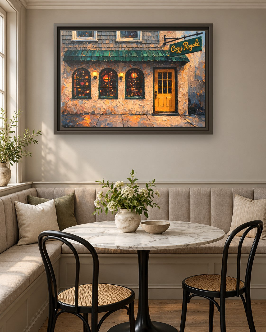 Cozy Royale framed canvas print in a breakfast nook