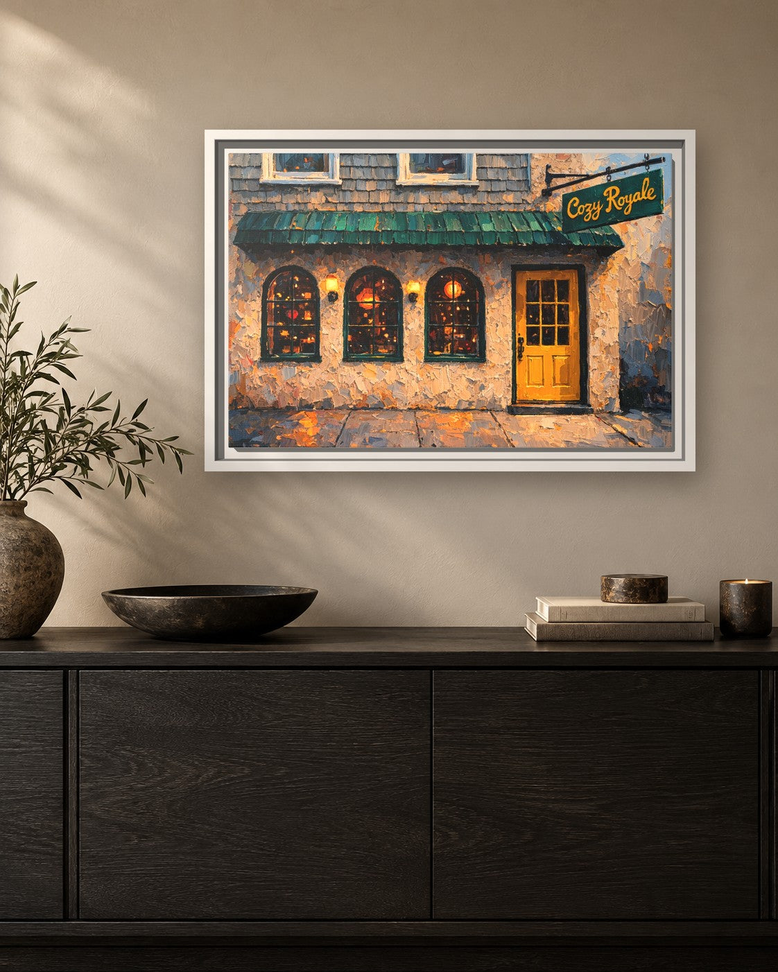 Cozy Royale framed canvas print hanging above a sideboard