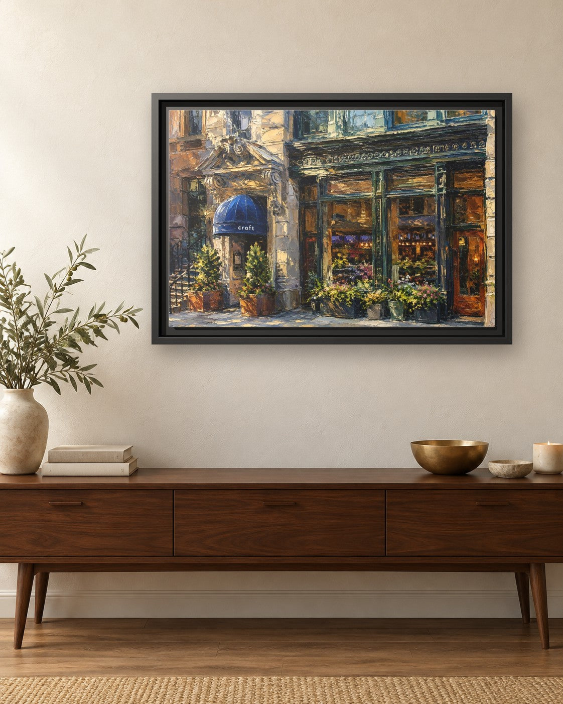 Craft Restaurant framed canvas print hanging above a credenza
