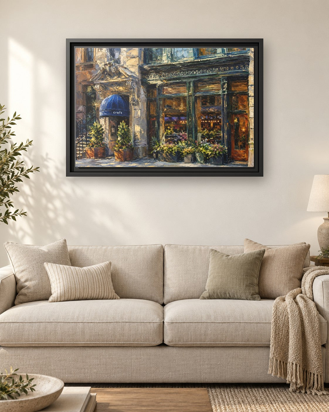 Craft Restaurant framed canvas print hanging above a sofa
