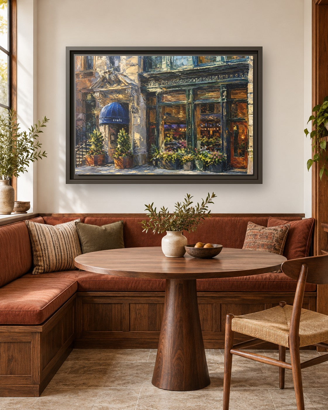 Craft Restaurant framed canvas print in a breakfast nook