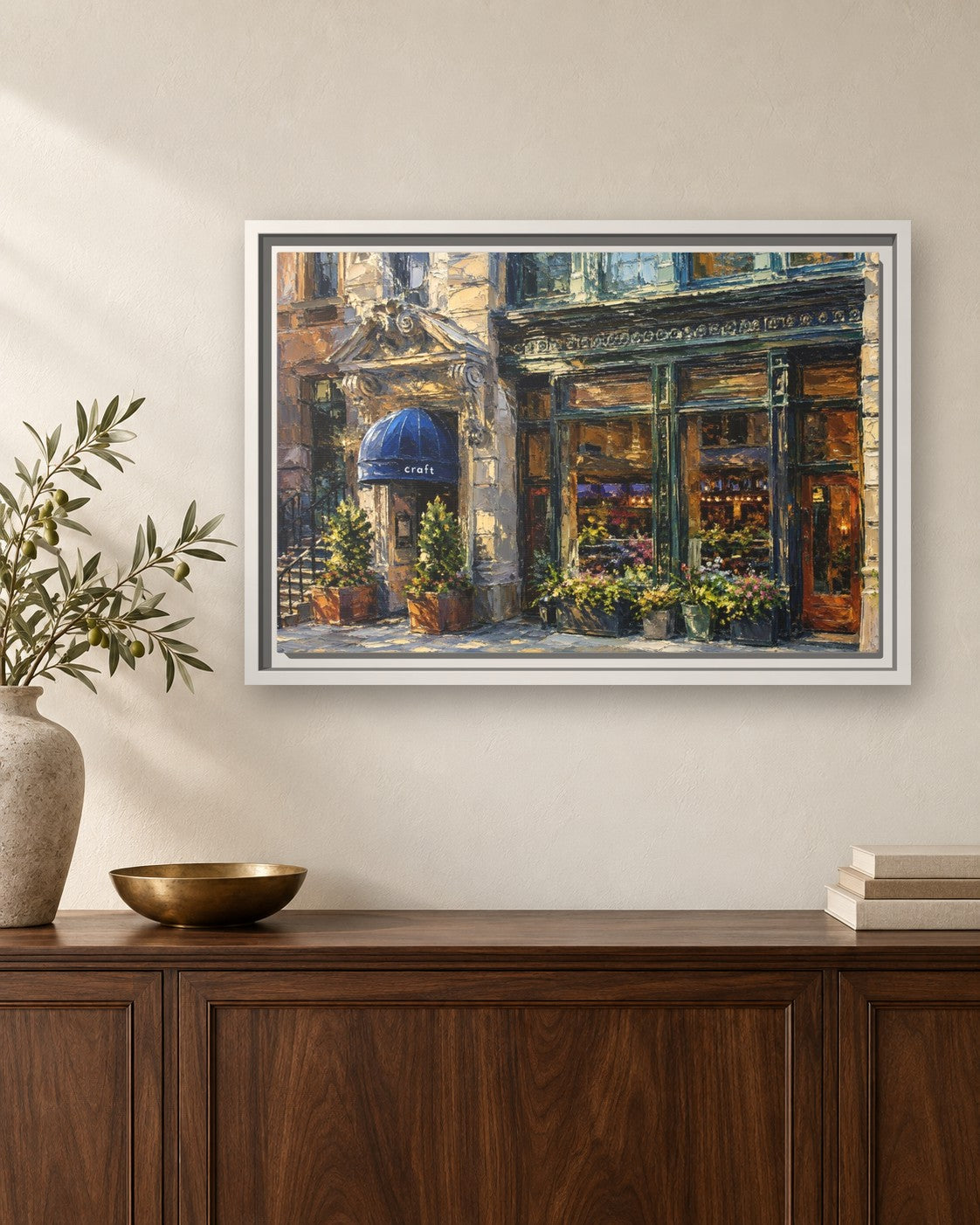 Craft Restaurant framed canvas print hanging above a sideboard