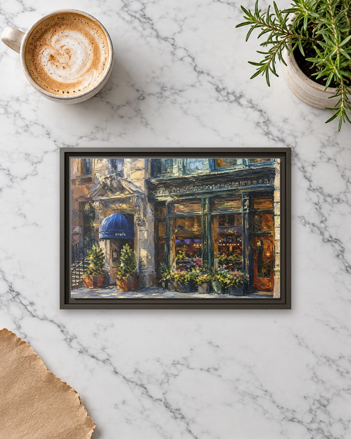 Craft Restaurant framed canvas print lying on a table