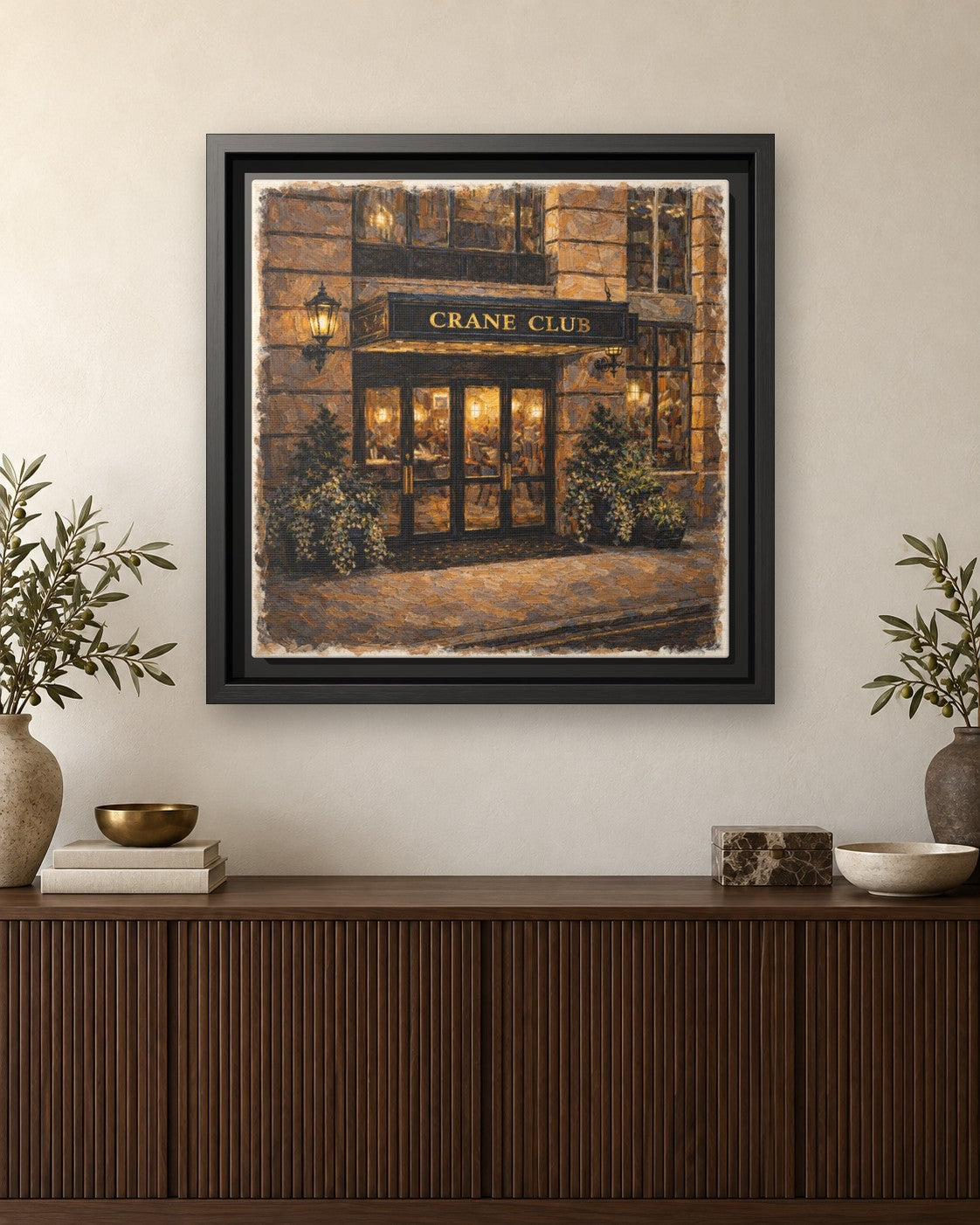 Crane Club framed canvas print hanging above a credenza