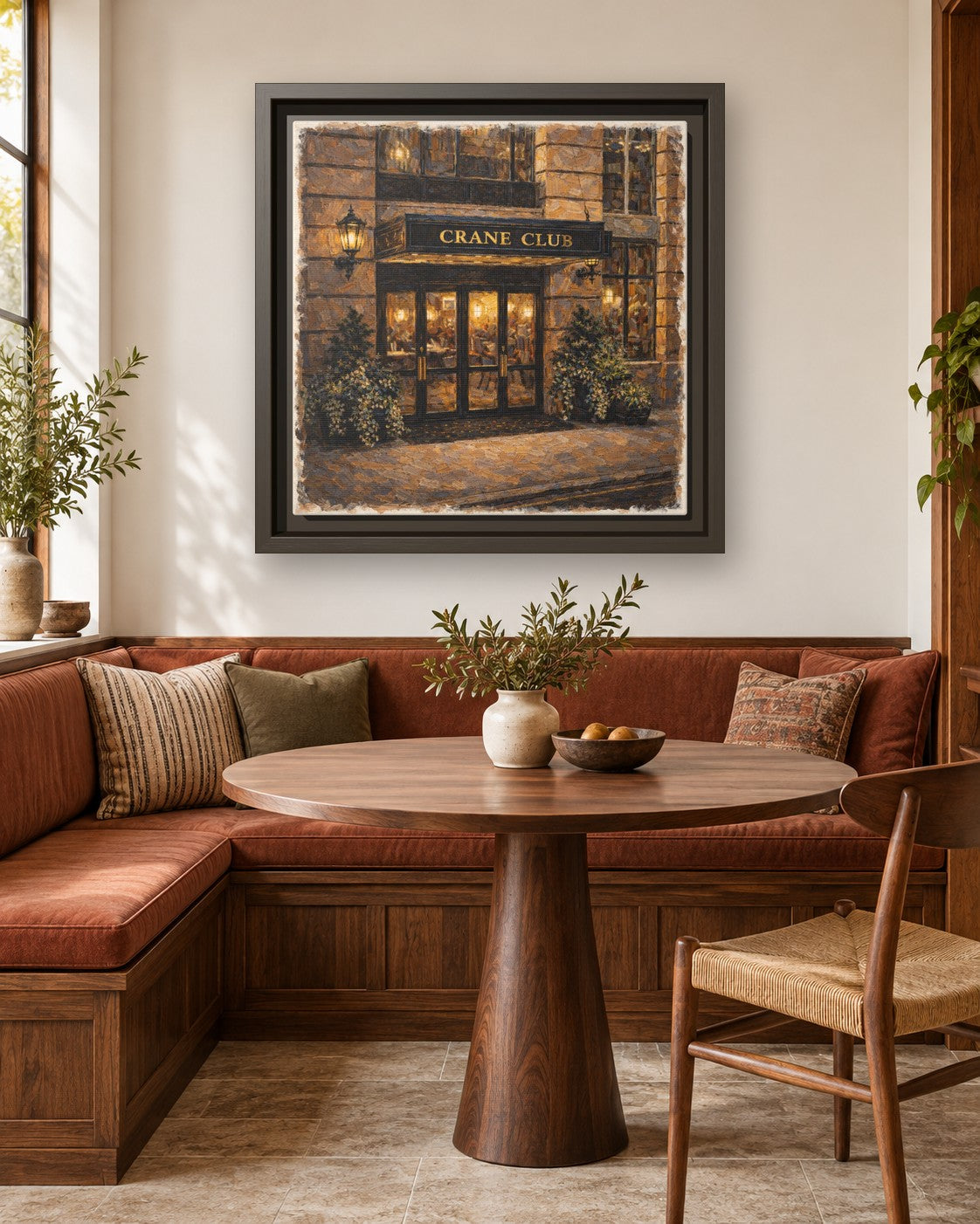 Crane Club framed canvas print in a breakfast nook