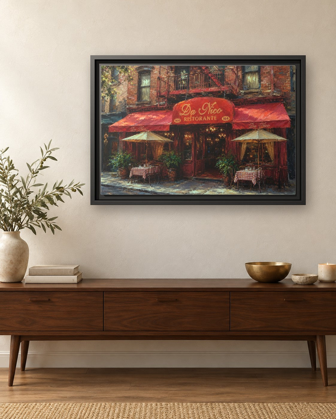 Da Nico Ristorante framed canvas print hanging above a credenza