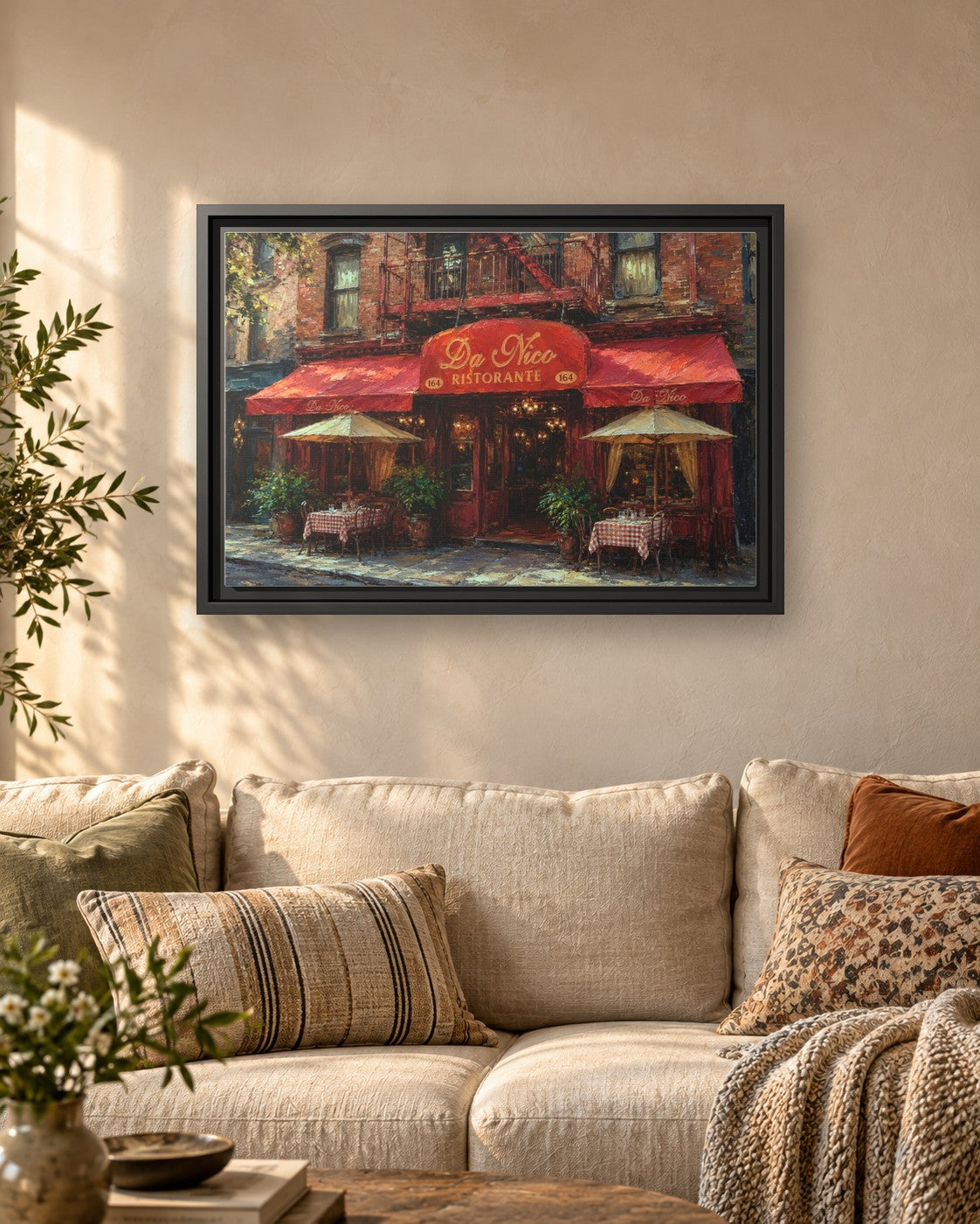 Da Nico Ristorante framed canvas print hanging above a sofa