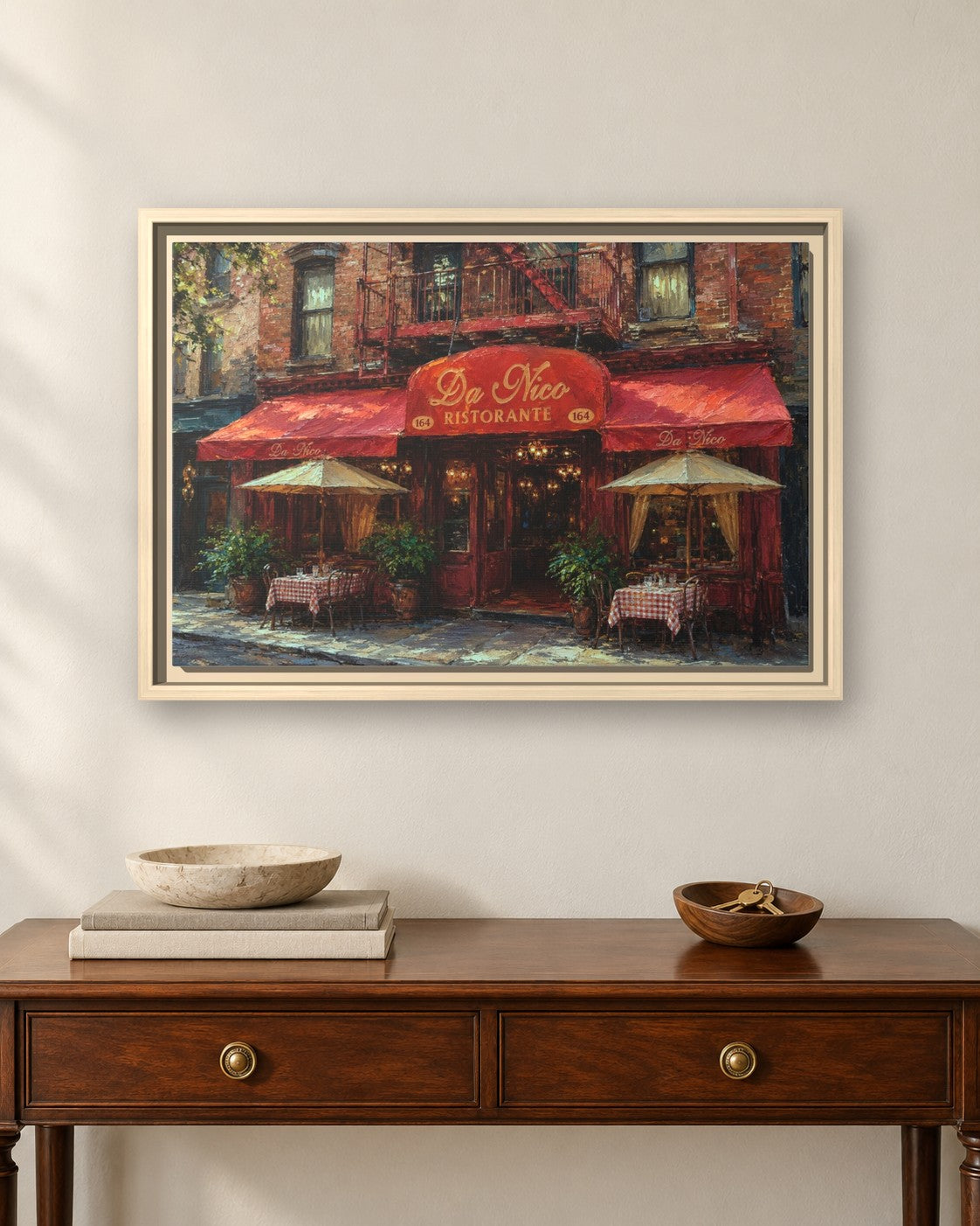 Da Nico Ristorante framed canvas print hanging above a sideboard