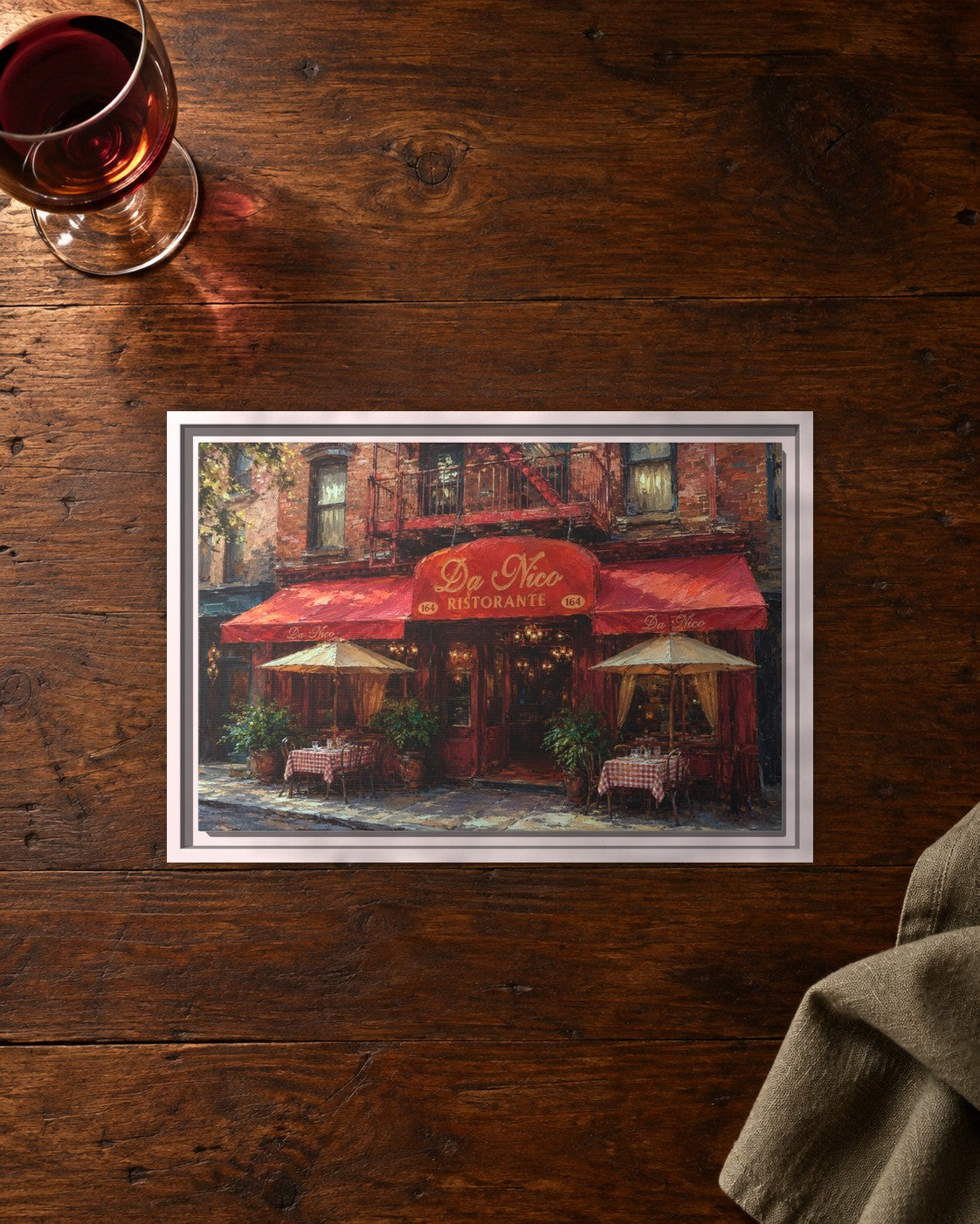 Da Nico Ristorante framed canvas print lying on a table