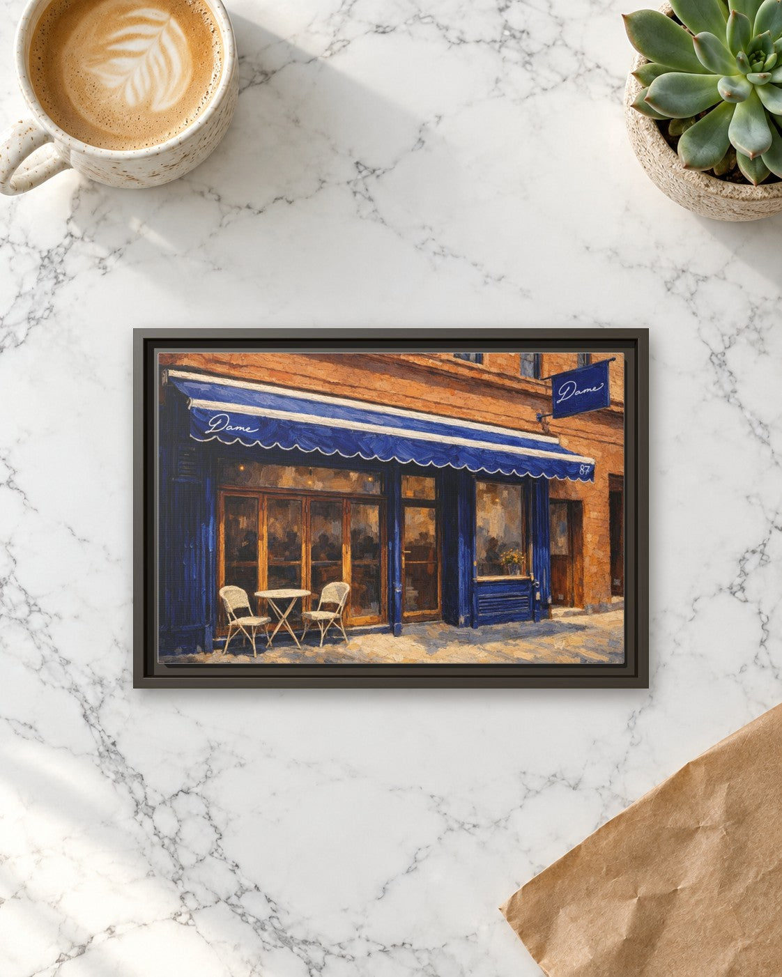 Dame framed canvas print lying on a table