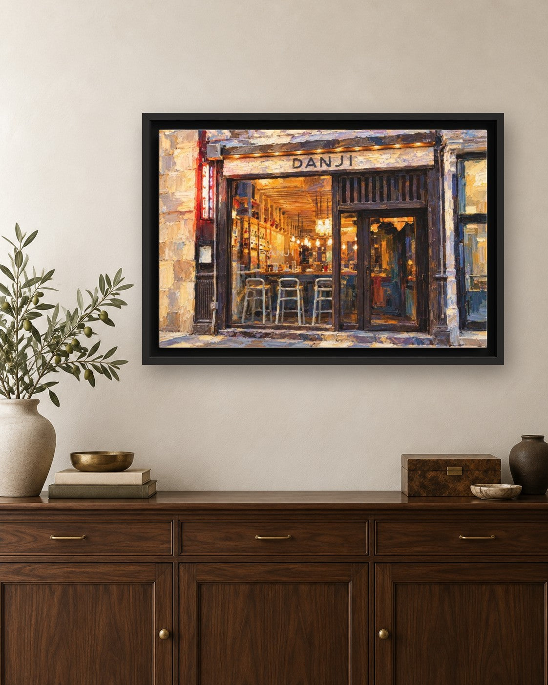 Danji framed canvas print hanging above a credenza