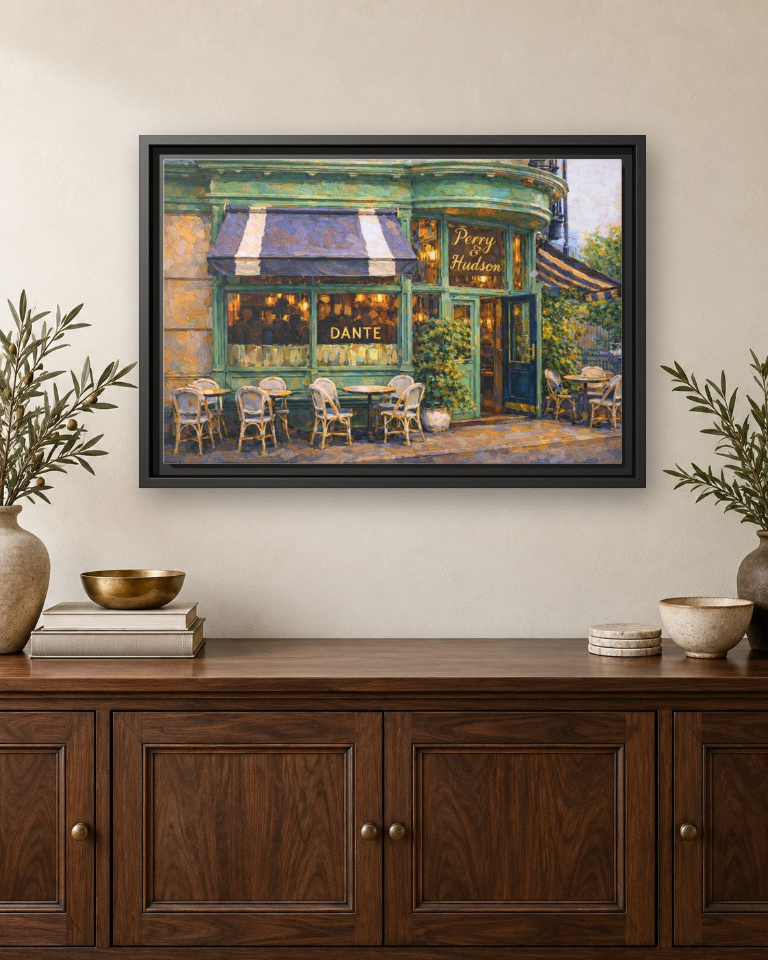 Dante West Village framed canvas print hanging above a credenza