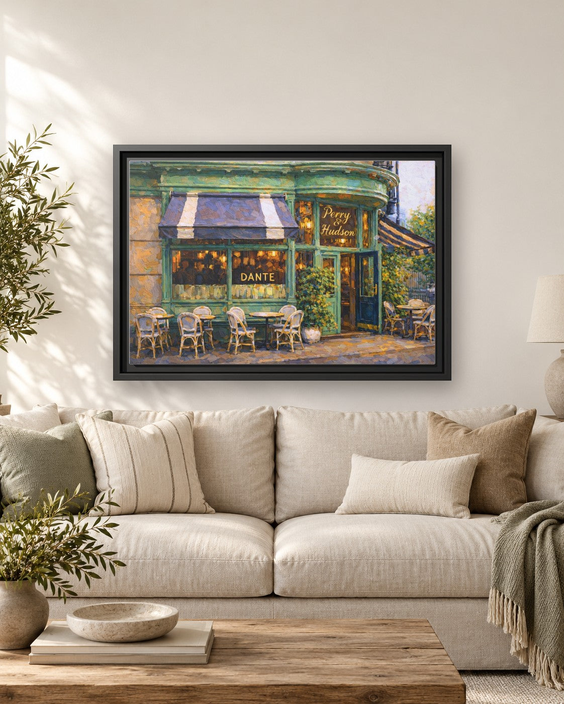Dante West Village framed canvas print hanging above a sofa