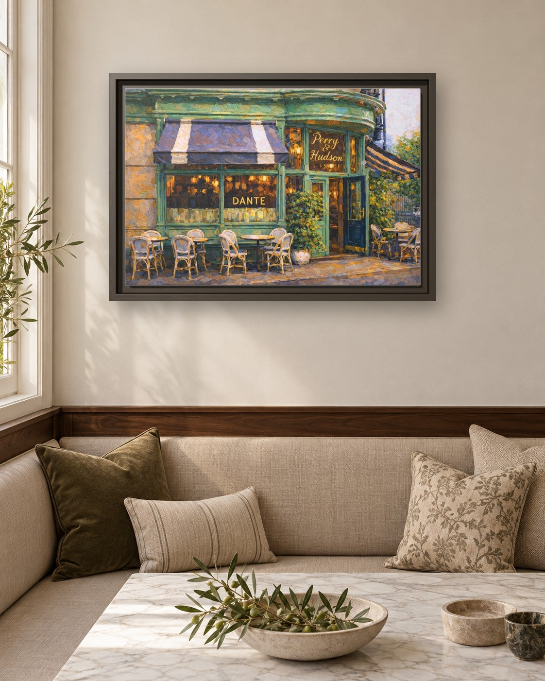 Dante West Village framed canvas print in a breakfast nook