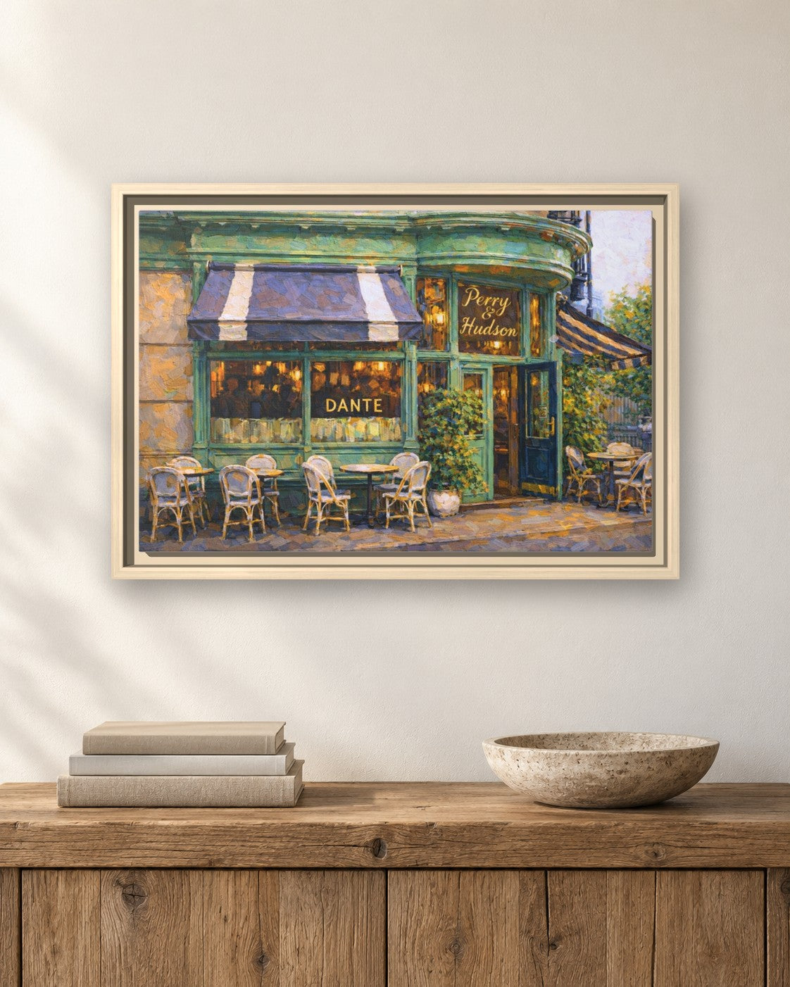 Dante West Village framed canvas print hanging above a sideboard
