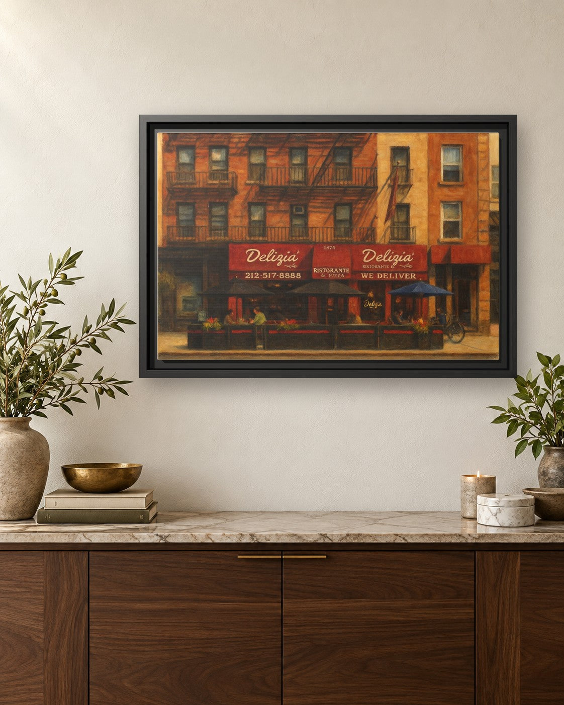 Delizia Pizza framed canvas print hanging above a credenza
